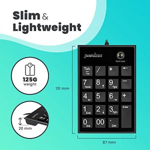 Perixx PPD-202 Wired 19 Keys Slim Numeric Keypad, Big Print Font, Silent Notebook Scissor Key Number Keypad with Tab Key and Num Lock, Black