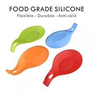 iNeibo Silicone Spoon Rest, Pack of 4-BPA Free Flexible Silicone Kitchen Utensil Rest Ladle Spoon Holder for Stove Top for Cooking Spatula, Ladle, Br
