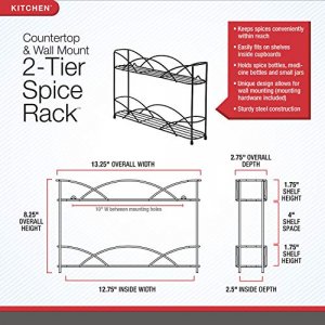 Spectrum Diversified Countertop Rack Cabinet Pantry Organization & Storage, 2-Tier Spice Organizer with Optional Wall Mount, Black