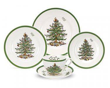 Spode Christmas Tree Design Dinnerware (5-Piece) Set for 1- White and Green