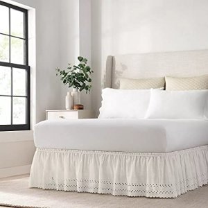 EASY FIT Eyelet Elastic Wrap Around Bed Skirt, Easy On/Off Dust Ruffle (18-Inch Drop), Queen/King, White