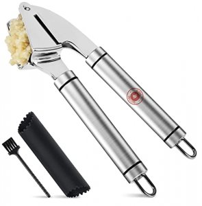 Alpha Grillers Garlic Press Stainless Steel Mincer and Crusher with Silicone Roller Peeler. Rust Proof, Easy Squeeze, Dishwasher Safe, Easy Clean