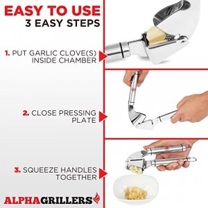 Alpha Grillers Garlic Press Stainless Steel Mincer and Crusher with Silicone Roller Peeler. Rust Proof, Easy Squeeze, Dishwasher Safe, Easy Clean