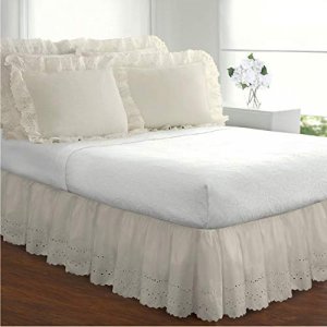 FRESH IDEAS Eyelet Bed Skirt Dust Ruffle Embroidered Details, Classic 14 drop length Gathered Styling, Full, Ivory (Model: FRE30014IVOR02)