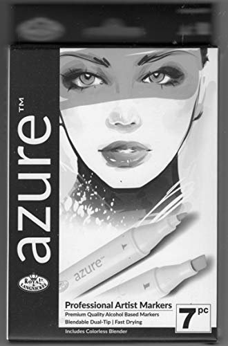 Royal & Langnickel Azure, 7pc Dual-Tip, Alcohol Based Marker Set, Includes  - 6 Markers & 1 Blender, Grayscale Colors