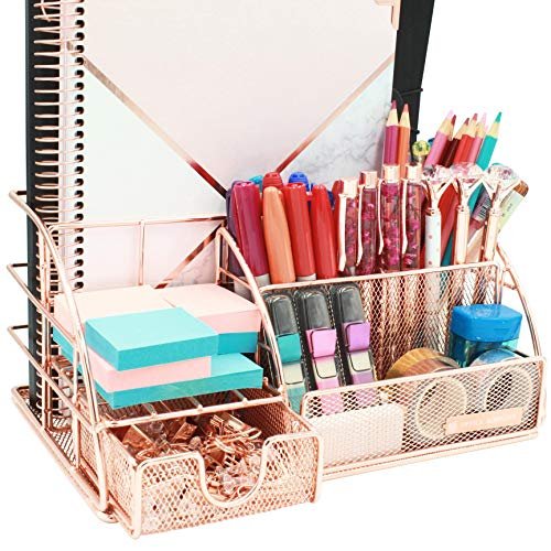 Rose Gold Desk Organizer for Women, Mesh Office Supplies Desk