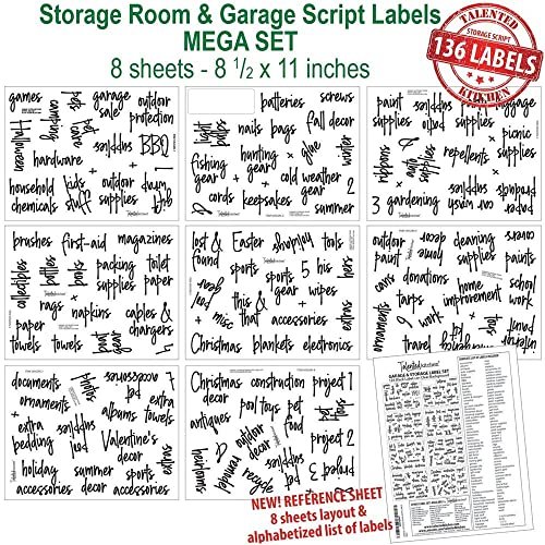 Talented Kitchen 136 Garage Storage Labels for Plastic Containers, Preprinted Black Script on Clear Stickers for Organizing Bins