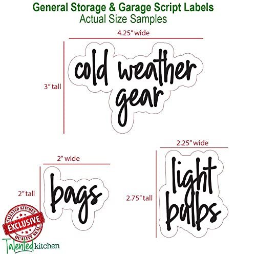 Talented Kitchen 136 Garage Storage Labels for Plastic Containers, Preprinted Black Script on Clear Stickers for Organizing Bins