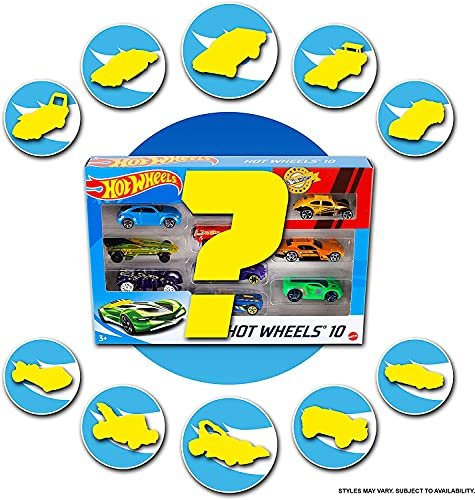 Hot Wheels Set of 10 Toy Cars & Trucks in 1:64 Scale, Race Cars, Semi,  Rescue or Construction Trucks (Styles May Vary)