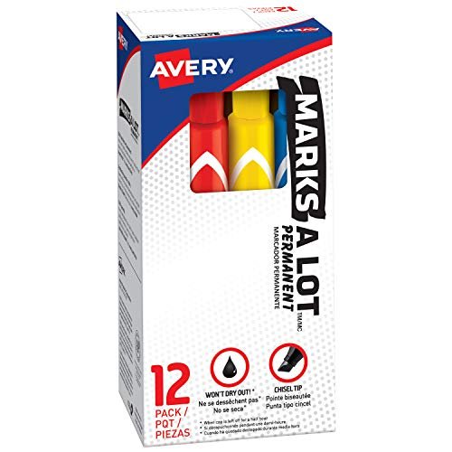 Marks-A-Lot Permanent Markers, Large Desk-Style size, Chisel Tip, 12 Black Markers - Avery