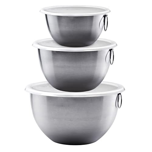 Mixing Bowls with Airtight Lids, 6 Piece Stainless Steel Metal Bowls by Umite Chef, Measurement Marks & Colorful Non-Slip Bottoms Size 7, 3.5, 2.5