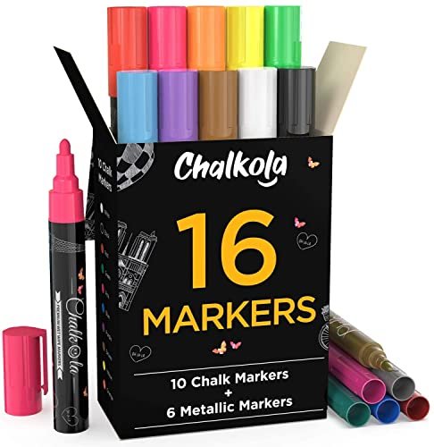 Liquid Chalk Markers Metallic Colors by Chalkola - Pack of 16 Chalk Pens -  For