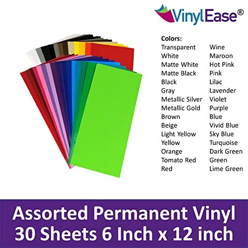 Vinyl Ease 30 Sheets 6 x 12 Assorted Colors Gloss Permanent Adhesive  Vinyl for Cricut, Silhouette, Pazzles, Craft ROBO, QuicKutz, Craft Cutters,  Die