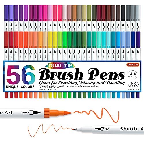 Shuttle Art Dual Tip Brush Pens Art Markers, 25 Colors Fine and Brush Dual Tip Markers Set with 1 Coloring Book for Kids Adult Artist Calligraphy Hand