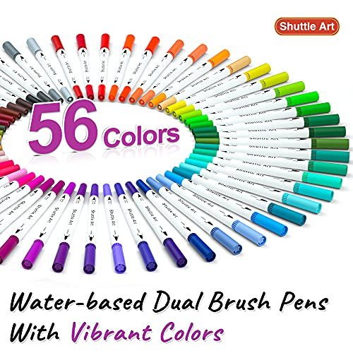Shuttle Art Dual Tip Brush Pens Art Markers, 25 Colors Fine and Brush Dual Tip Markers Set with 1 Coloring Book for Kids Adult Artist Calligraphy Hand