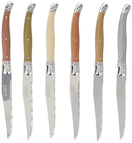 Jean Dubost 6 Steak Knives Linen Handles in Block