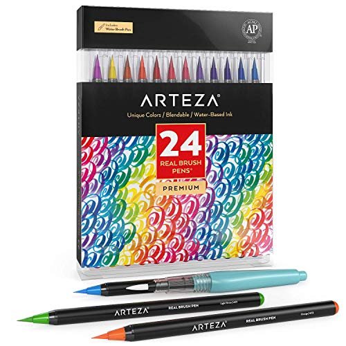 ARTEZA Real Brush Pens, 24 Watercolor Markers for Watercolor Painting,  Drawing, and Calligraphy, Flexible Nylon Brush Tips, Ideal Drawing Pens for
