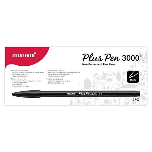 MONAMI Plus Pen 3000 Felt Tip Pens, Fine Point (0.4mm), Fine Liner,  Writing/Journaling/Note Taking at home, school and office, Black, 12-Count