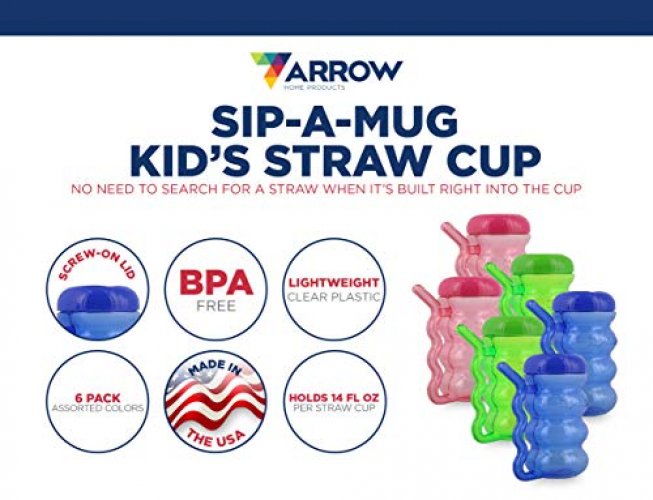  Arrow Home Products Sip A Mug, 14oz, 6pk - Easy to Grip Plastic Kid's  Cup Where the Handle is the Straw - BPA-free with Screw-On Caps Great for  Everyday Use, Made