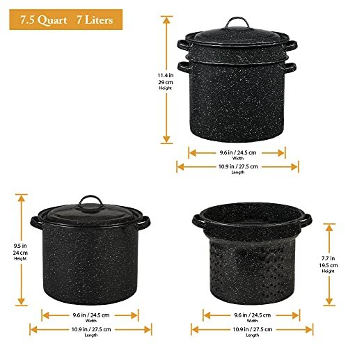 Granite Ware 7.5 Qt 3 Piece Multiuse Pasta Pot Set, Strainer Pot with lid.  (Speckled Black) Seafood, Soups, Sauce, Large Capacity. Easy to Clean.