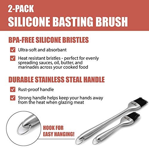 GRILLHOGS 2 Piece Silicone Sauce Basting Brush, Premium Stainless