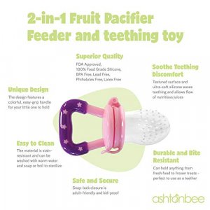 Ashtonbee 2-in-1 Baby Fruit Feeder and Teething Toy, Ultra-Soft Silicone Teether Feeder for Baby Feeding and Teething Relief, Includes 1 Pink and 1 G