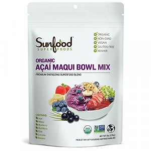 Sunfood Superfoods Acai Maqui Bowl Mix Powder. No Added Sugars, Artificial Flavors, Colors, or Preservatives. 100% Natural Organic Ingredients. Low C