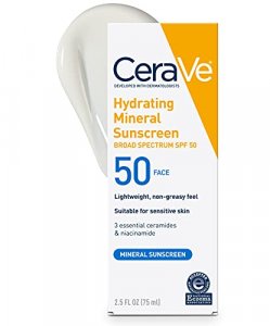 CeraVe 100% Mineral Sunscreen SPF 50 | Face Sunscreen with Zinc Oxide & Titanium Dioxide for Sensitive Skin | 2.5 oz, 1 Pack (Packaging May Vary)