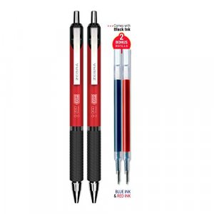 Zebra Pen G-350 Retractable Gel Pen, Crimson Red Premium Metal Barrel, Medium Point, 0.7mm, Black Ink, 2-Pack Plus Refills