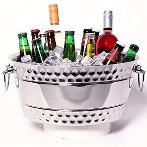BREKX Hammered Stainless-Steel Beverage Tub, Double-Walled Insulated Anchored Bolt Drink Tub & Ice Bucket with Double-Hinged Handles, Drink Chiller f