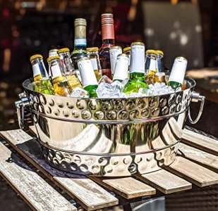 BREKX Hammered Stainless-Steel Beverage Tub, Double-Walled Insulated Anchored Bolt Drink Tub & Ice Bucket with Double-Hinged Handles, Drink Chiller f