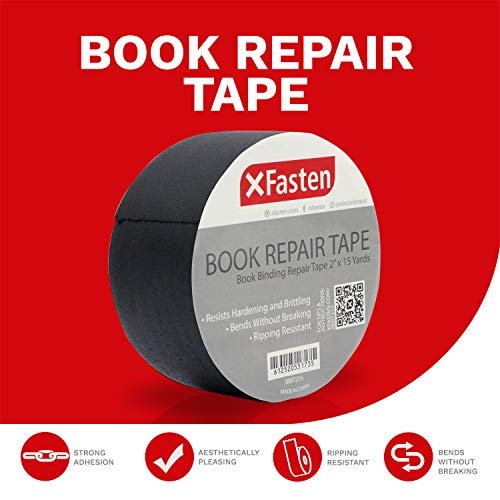 XFasten Book Binding Repair Tape, Black, 2-Inch by 15-Yard, Cloth Library Book Hinging Repair Tape, Acid Free and Archival Safe