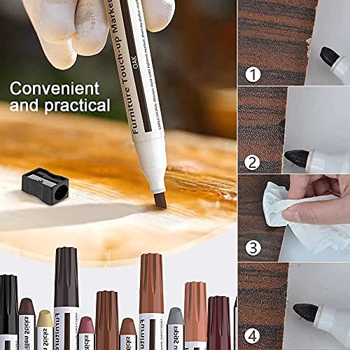 Furniture Repair Kit Wood Markers - Set of 12 - Markers and Wax Sticks with Sharpener Kit, for Stains, Scratches, Wood Floors, Tables, Desks
