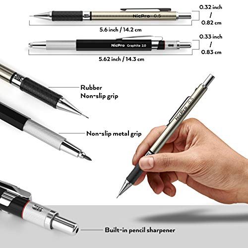  Nicpro Metal Drafting Pencil Set - 0.5mm, 0.7mm & 0.9mm with  Lead Refills and Lead Holder Set (2B, HB, 2H) : Office Products