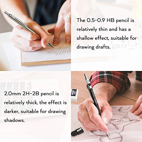 Nicpro Black Metal 2.0 Mechanical Pencil Set with Case, 3 PCS Drafting Lead  Hold