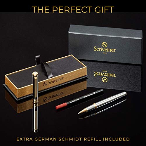 Scriveiner Silver Chrome Rollerball Pen - Stunning Luxury Pen with 24K Gold  Finish, Schmidt Ink Refill, Best Roller Ball Pen Gift Set for Men & Women