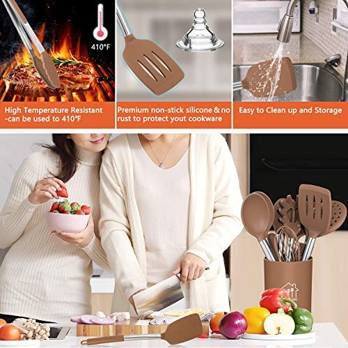7-piece Silicone Cooking Utensils Set - Heat Resistant Silicone Kitchen  Utensils for Cooking With Wooden Handles, Spatula Set, Kitchen Utensil  Gadgets Sets for Non-Stick Cookware, BPA Free With Storage Seat (Grey)