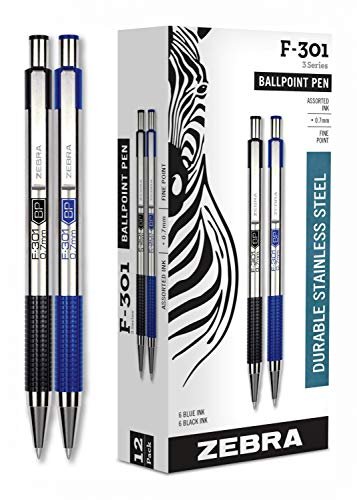 Zebra Pen F-301 ballpoint stainless steel retractable pen, 0.7mm, black  ink, 2-pack 