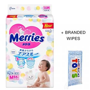 Diapers Size Medium (13-24 lbs) 64 counts Merries Diapers Bundle with Americas Toys Wipes Baby Diapers Tape Type Safe Materials, Indicator Prevents