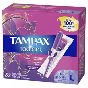 Tampax Radiant Tampons Light Absorbency with BPA-Free Plastic Applicator and LeakGuard Braid, Unscented, 28 Count