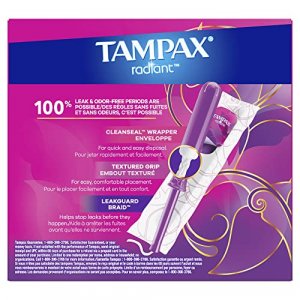 Tampax Radiant Tampons Light Absorbency with BPA-Free Plastic Applicator and LeakGuard Braid, Unscented, 28 Count