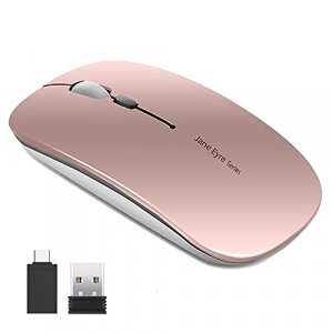Q5 Slim Rechargeable Wireless Mouse, 2.4G Portable Optical Silent Ultra Thin Wireless Computer Mouse with USB Receiver and Type C Adapter (Rose Gold)