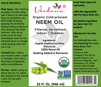 Verdana USDA Organic Cold Pressed Neem Oil 32 Fl. Oz Non GMO Certified Unrefined High Azadirachtin Content 100% Neem Oil, Nothing Added