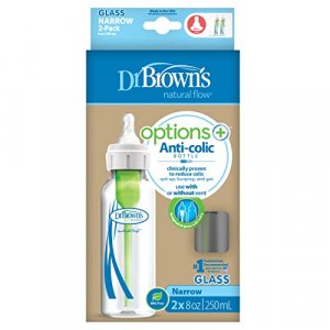Dr. Brown's Natural Flow Options+ Narrow Glass Baby Bottles, 8oz, 2-Pack