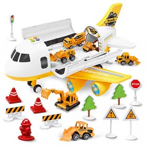 FUN LITTLE TOYS Electronic Transport Airplane Toys with Construction Die cast Car Toys Set, Construction Toys for 3,4,5 Year Old Boys
