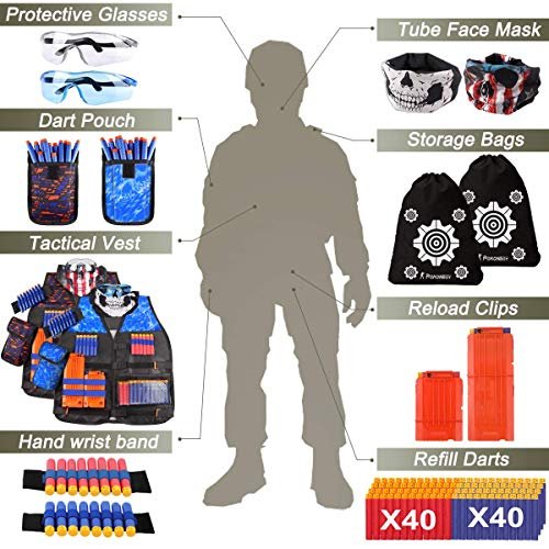 Kids Tactical Vest Kit for Nerf Guns Series with Refill Darts,Dart Pouch, Reload Clips, Tactical Mask, Wrist Band and Protective Glasses,Nerf Vest