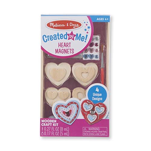 Melissa & Doug Created by Me! Wooden Heart Magnets Craft Kit (4 Designs, 4  Paints, Stickers, Glitter Glue) 8.75 x 5