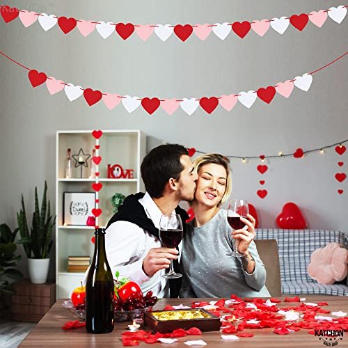 Felt Heart Garland Banner, Pre-Strung, Valentines Decorations, Red Pink  White