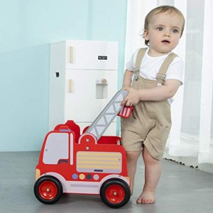 Red Fire Truck Wooden Baby Push Walker - 2-in-1 Toddler Push & Pull Toys Learning Walker Stroller Walker with Wheels Baby Girls Boys 1-3 Years Old