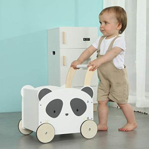 labebe Panda Wooden Baby Push Walker - 2-in-1 Toddler Push & Pull Toys Learning Walker Stroller Walker with Wheels for Baby Girls Boys 1-3 Years Old